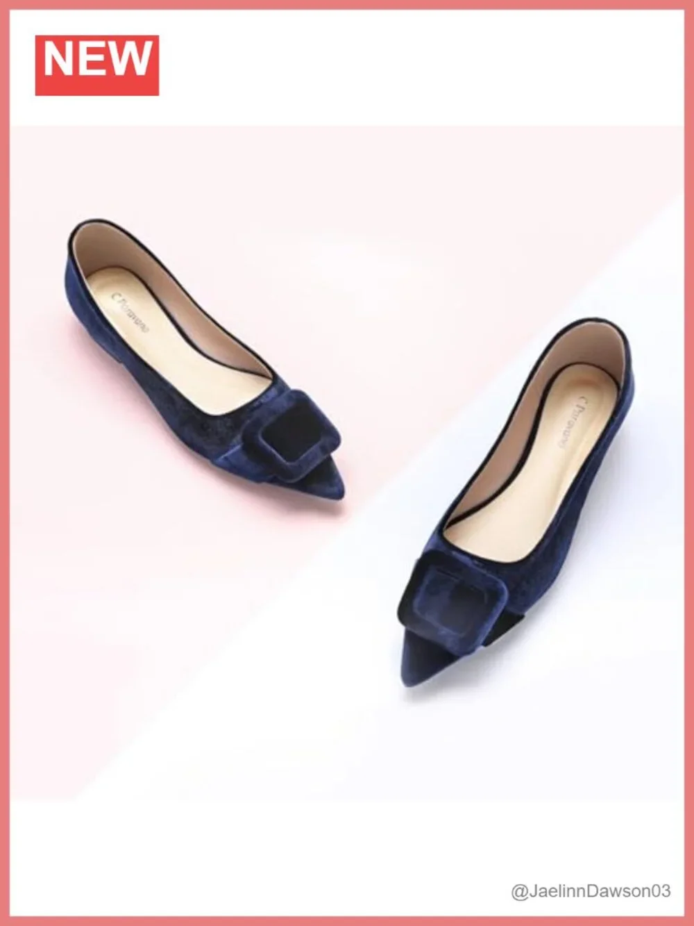 Women's Velvet Pointed Toe Ballet Flats with Square Buckle, Lambskin Leather